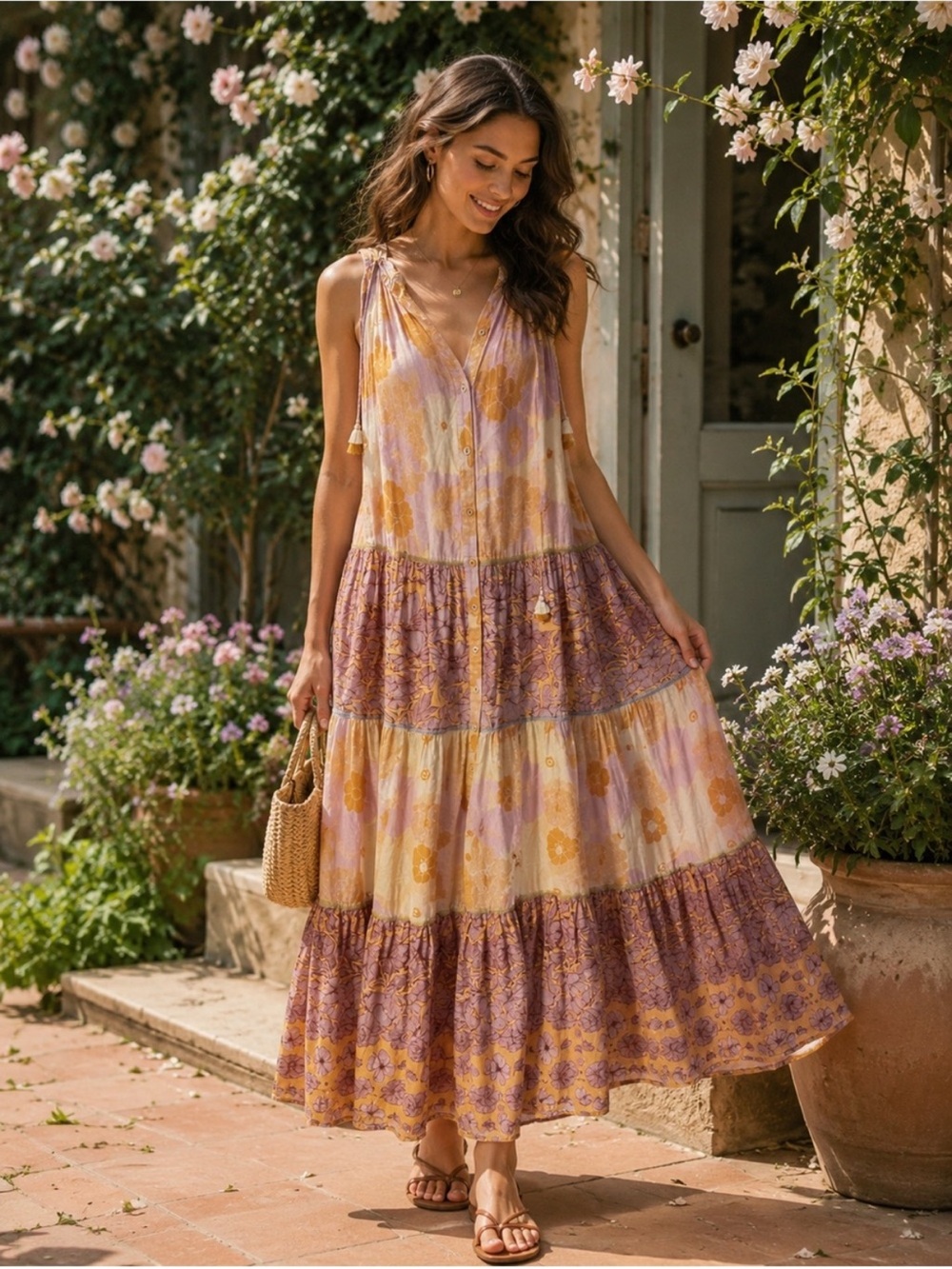 Floral Halter Maxi Dress - Purple and Orange